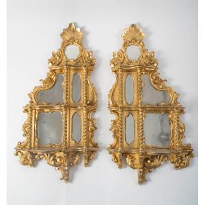 A Pair Of Carved And Gilded Wood Shelves In The Nap III Style, Late 19th Century