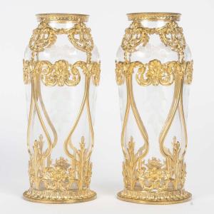 A Pair Of Engraved Crystal And Gilt Bronze Vases, 19th Century