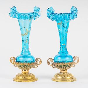Pair Of Small Art Nouveau Vases In Turquoise Glass And Gilded Brass