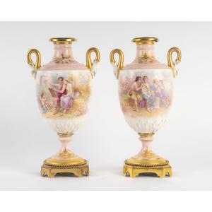 Pair Of Polychrome Porcelain Vases With Hand-painted Decoration, Sèvres Style - End XIXᵉ Siècle