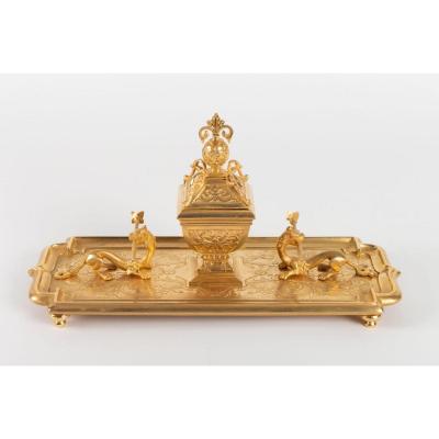 Inkwell In Gilt Bronze With Chimera Decor, Napoleon III Period