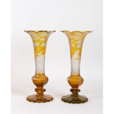 Pair Of Engraved Bohemian Crystal Vases XIXth Century