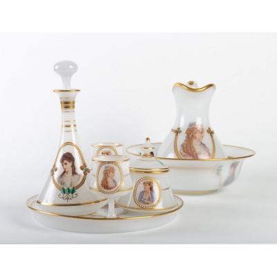 Water Service In Milky White Opaline, Decor With Golden Fillets, Late Nineteenth