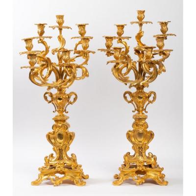 Pair Of Candelabra In Gilt Bronze Louis XV Style, Napoleon III Period.