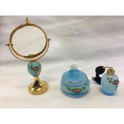 Hand Painted Sky Blue Milky Opaline Three Piece Toilet Set