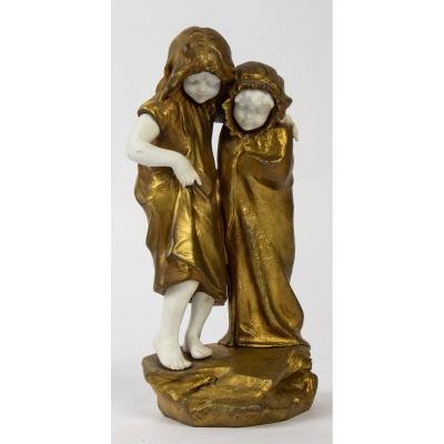 Mednat Figurine, In Regulates And Biscuit Representing Two Girls, XIXth Time