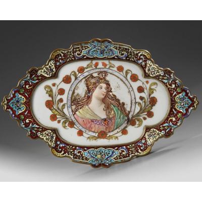 Une Coupe En Bronze CloisonnÉe Et Plaque En Porcelaine XIXÈme SiÈcle