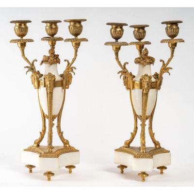 Paire De Candélabres En Bronze Doré Et Marbre Blanc XIXème Siècle