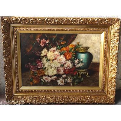 Oil On Canvas Still Life With Chrysanthemums Late XIXth Century