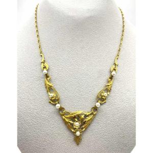 Art Nouveau Yellow Gold And Pearl Necklace