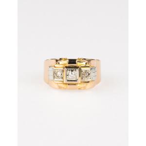 Tank Ring In Yellow Gold, White Gold & Diamonds