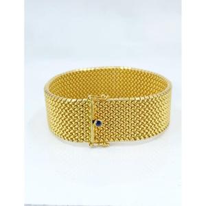 Vintage Cuff Bracelet Signed Caplain Yellow Gold & Sapphire Cabochon