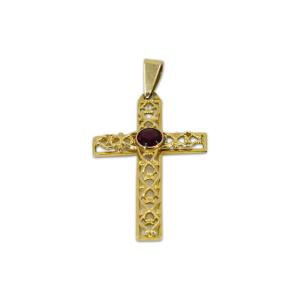 Vintage Crucifix Pendant In Yellow Gold & Garnet