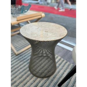 Knoll& Waren Platner, Pair Of Steel Side Tables, Beige Veined White Marble Top