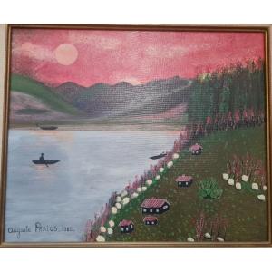 Auguste Pralus - Landscape, Naïve Art. Dated 1986