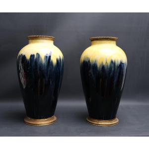 Pair Of Ceramic Vases, Keramis, With Gilded Bronze Mounts, Early 20th Century.