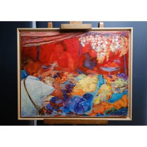 Market Scene In Merano, Italy. Oil On Canvas. Elisabeth Hahn, 20th Century