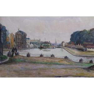 Paris, The Canal St Martin. Gouache On Paper. Charles Betout. 20th Century