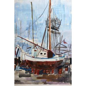 Boat On Hold – Watercolor By Liné Jagot 20th Century - Port Of Cannes