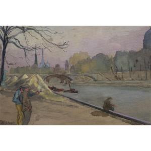 Gouache And Watercolor Drawing - Banks Of The Seine - Fisherman - 20th Century Charles Betout