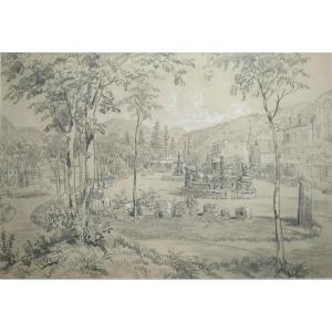 Drawing By Felix Benoist - 19th Century - Auvergne Region - Mont Dore - Place De La Fontaine