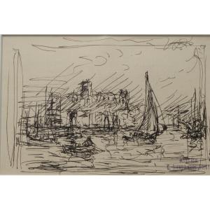 Pen And Ink Drawing - Georges Ricard-cordingley - Port Of Cannes And Le Suquet