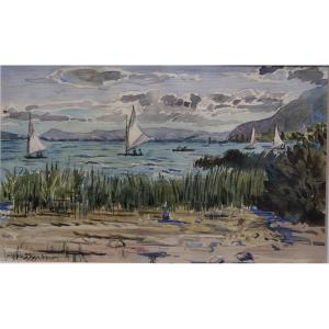 Watercolor - Sailboats - Lakeside - Watercolor - Gaston Darbour