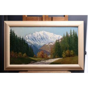 View Of The Snow-covered Mont Blanc - Oil On Canvas - Lucien Quenard