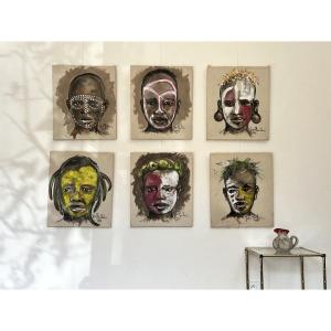 Series Of 6 Portraits Of African Warriors - 1959 - Gouache On Canvas - Jean Poulain -