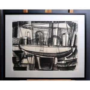 Modern Charcoal Drawing – Pierre St Sorny – Boat On The Slipway – French Modern Art
