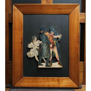 Scene From A Play-oil On Cut-out Wood Panel-charles Betout-early 20th Century
