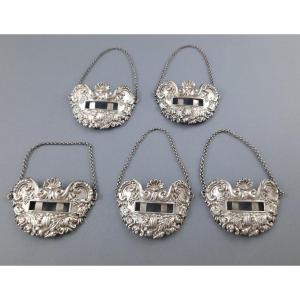 Set Of Five Sterling Silver Bottle Or Decanter Labels