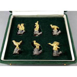 6 Sterling Silver And Gilt Place Card Holders A Hunting Theme