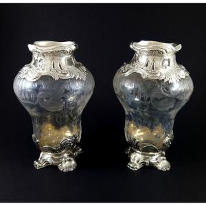 Bointaburet - Pair Of Crystal And Sterling Silver Vases