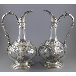 Charles Mérite - Pair Of Crystal And Sterling Silver Ewers