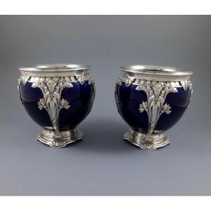 Porcelain And Sterling Silver Pair Of Vases