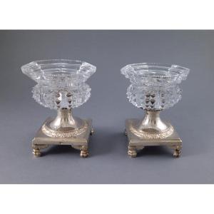 Pair Of Crystal And Sterling Silver Salt Cellars