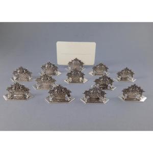 12 Sterling Silver Place Card Holders Decorated With Flowers