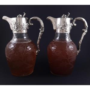 Pair Of Art Nouveau Vienna Crystal And Sterling Silver Ewers
