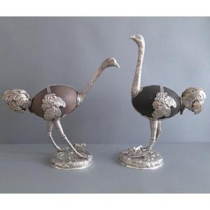 Two Ostriches Mounted In Sterling Silver And Egg
