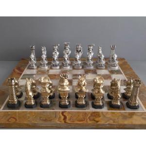 Chess Set In Sterling Silver, Gilt And Onyx