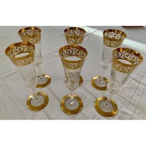 Saint Louis Crystal 6 Gold Champagne Flutes Thistle Model