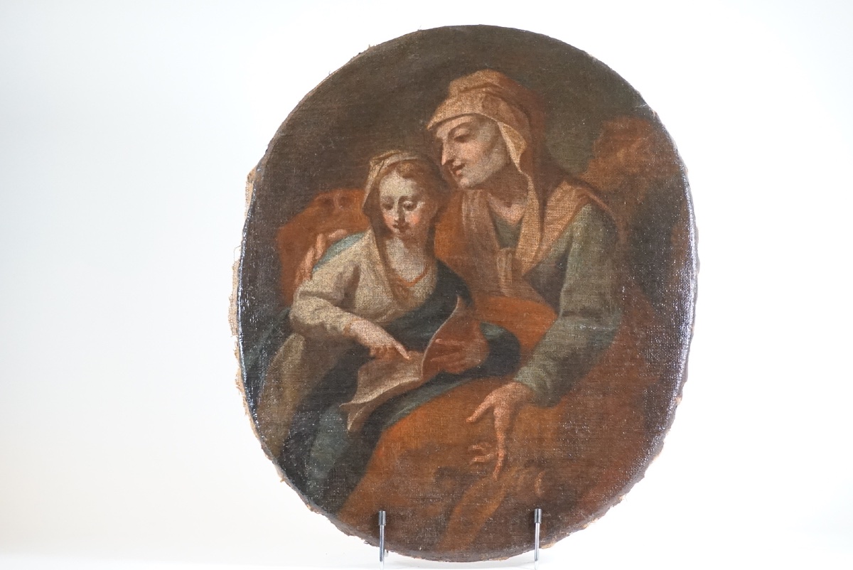 L’Educazione della Vergine – Importante Ovale del XVIII Secolo (Scuola Italiana, ambito maratte