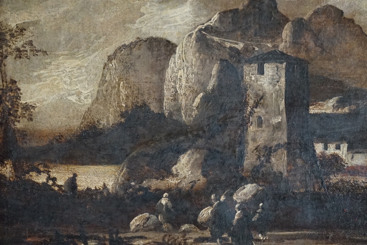 Paesaggio Alpino con Fortezza e Viandanti – Attribuibile ad Antonio Ciocio 