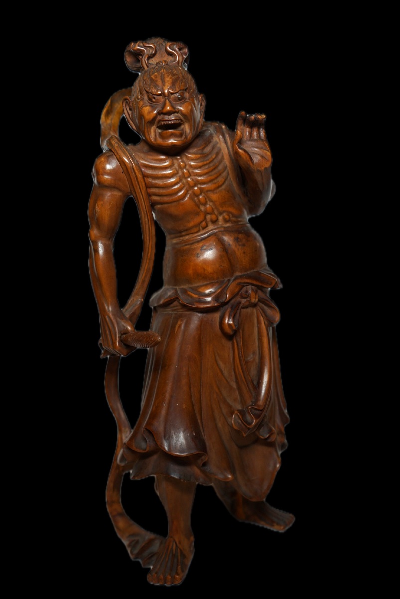 Rara coppia di sculture Okimono / Niō in bosso (Tsuge) firmate Kogetsu (光月) – Giappone (XIX Sec-photo-2