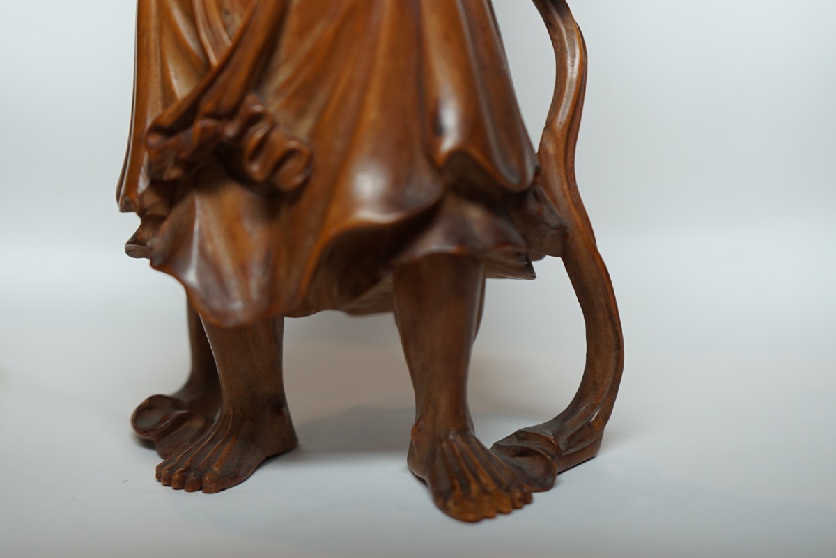Rara coppia di sculture Okimono / Niō in bosso (Tsuge) firmate Kogetsu (光月) – Giappone (XIX Sec-photo-3