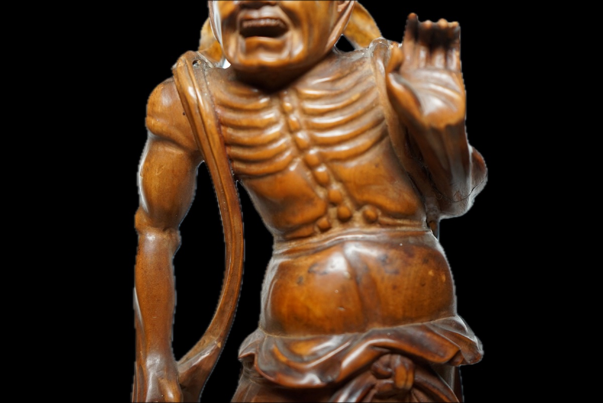 Rara coppia di sculture Okimono / Niō in bosso (Tsuge) firmate Kogetsu (光月) – Giappone (XIX Sec-photo-5