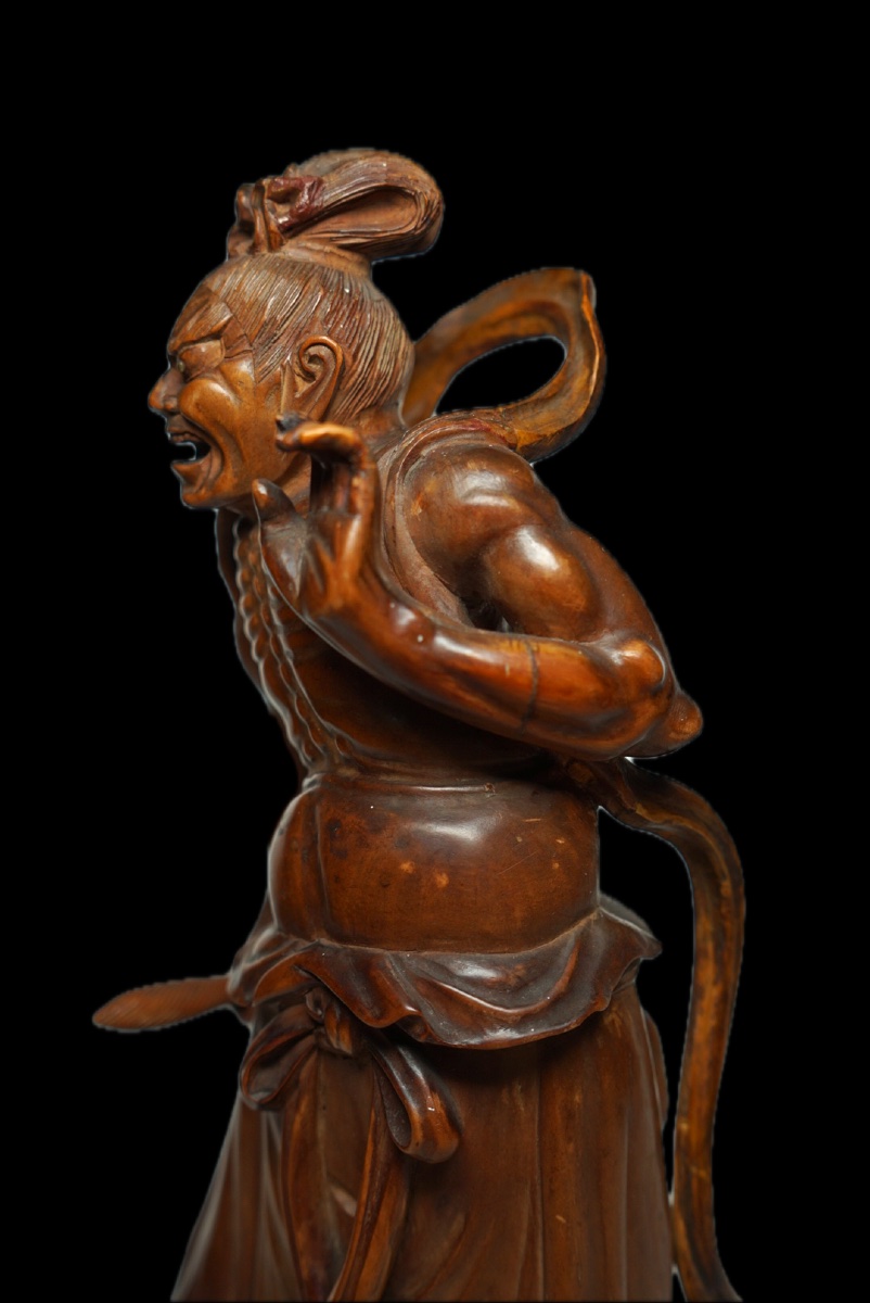 Rara coppia di sculture Okimono / Niō in bosso (Tsuge) firmate Kogetsu (光月) – Giappone (XIX Sec-photo-6