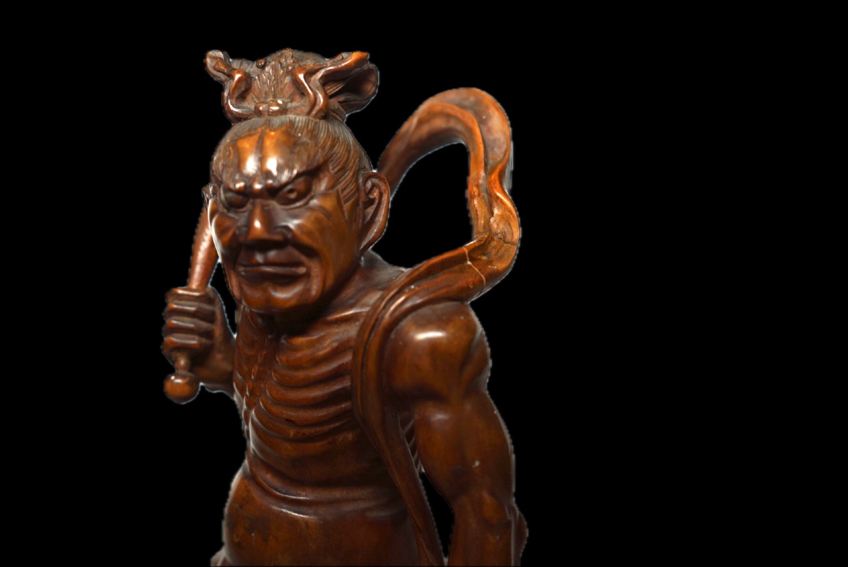 Rara coppia di sculture Okimono / Niō in bosso (Tsuge) firmate Kogetsu (光月) – Giappone (XIX Sec-photo-7
