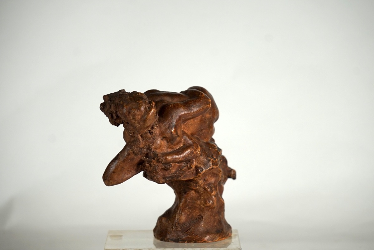 Jules Desbois (1851-1935) – "Le Baiser", Raro Bozzetto in Terracotta Patinata-photo-2